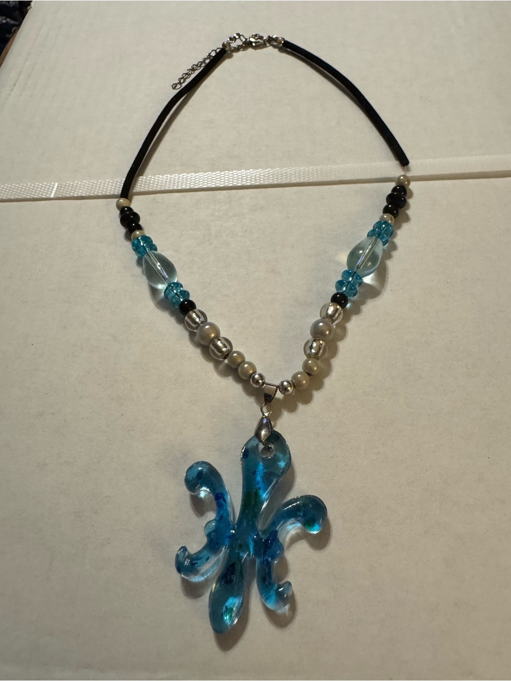 Teal Blue Glass Fleur-de-Lis Pendant Necklace - Women Jewelry